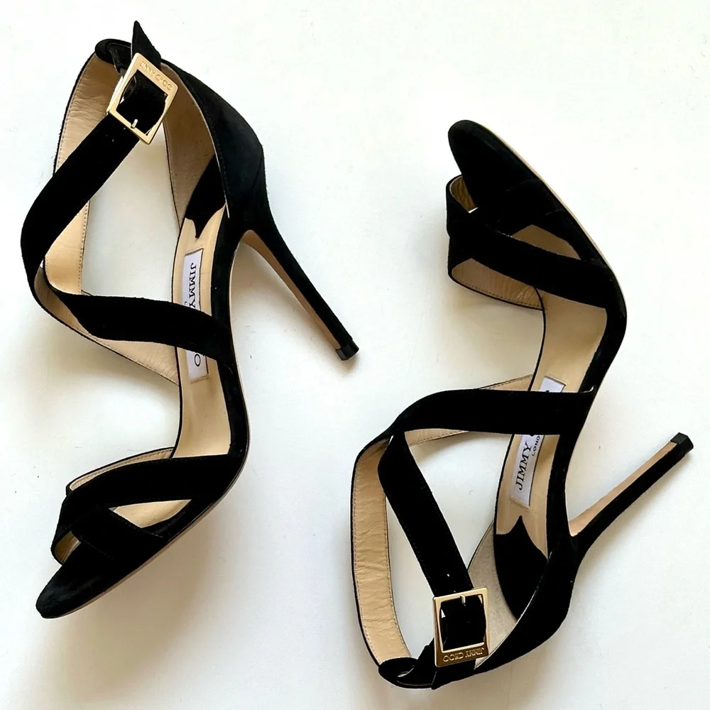 EUC Jimmy Choo Lottie Elegant Black Strappy Suede Heels, Black, 37, 7 - Picture 6 of 15